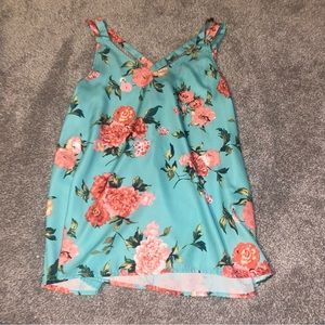 Pink Lily Turquoise Floral Tropical Tank Top, Size Small